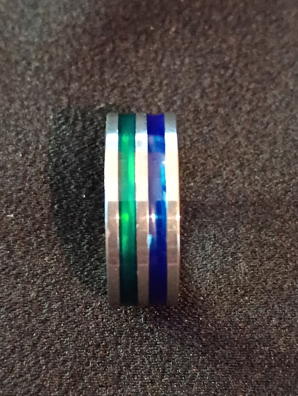 Fashion Jewelry Blue and Green Inlay Stainless Steel Ring Size 7.5 Unisex